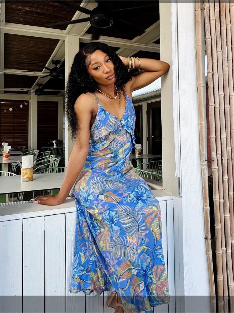 Olivaceous Blue Tropical Slip Maxi Dress